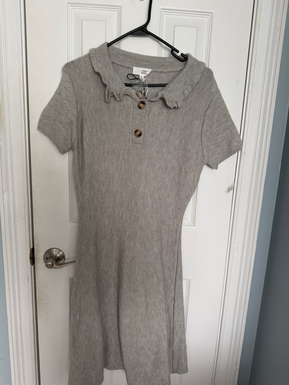Soft Knit Short Sleeve Dress with Ruffle Collar - Gray